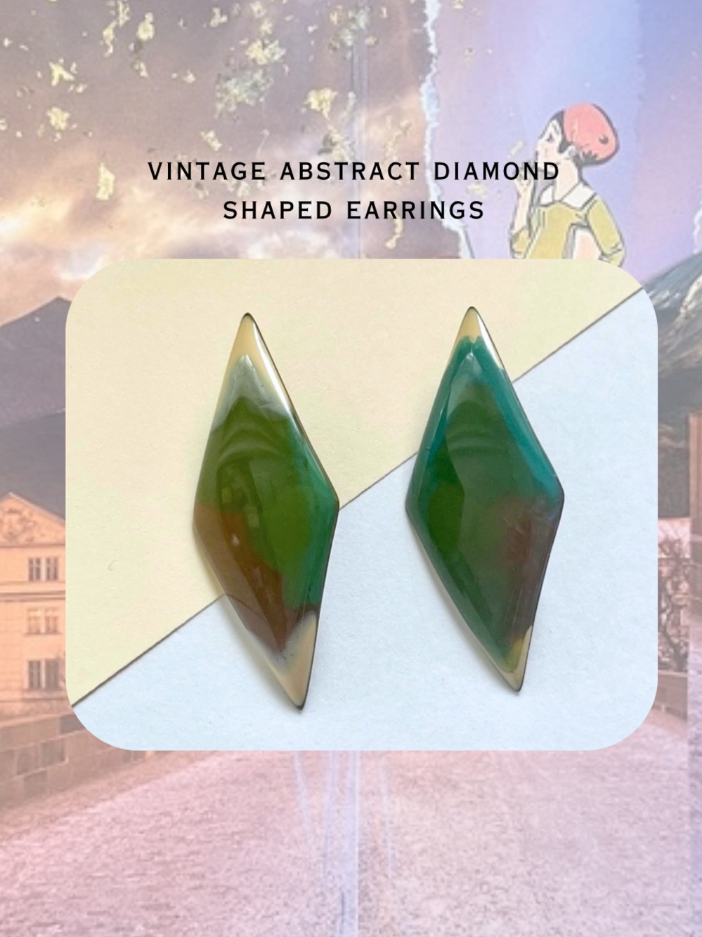 1990s vintage • green brown white ombre geometric abstract triangle earrings